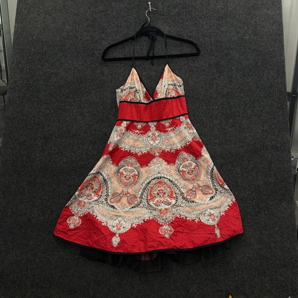 Vintage Speckless Red Paisley Halter Dress Women 7 Medallion Tulle Flare